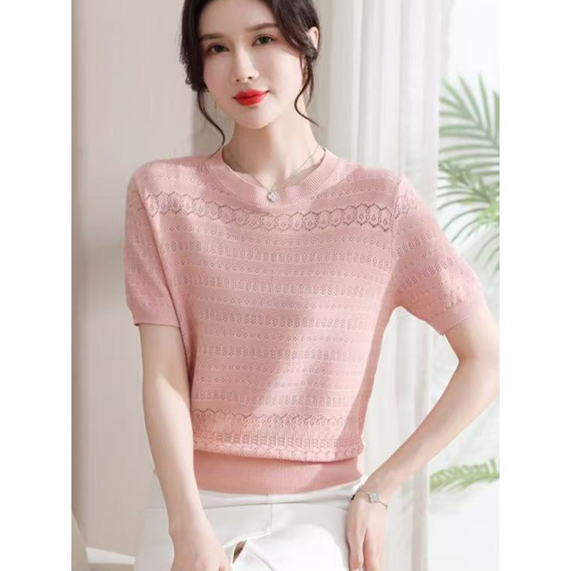 25夏季新款冰麻薄款透气拼接花型针织短袖女圆领显瘦百搭T恤上衣