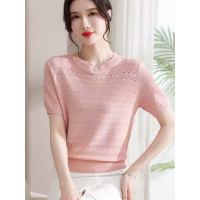 25夏季新款冰麻薄款透气拼接花型针织短袖女圆领显瘦百搭T恤上衣