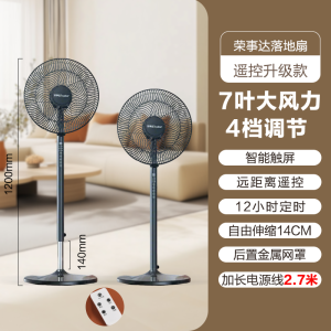 荣事达电风扇家用立式平面摇头大风力轻音地扇宿舍节能卧室落地扇可伸缩2.7米遥控款2.7M延长线