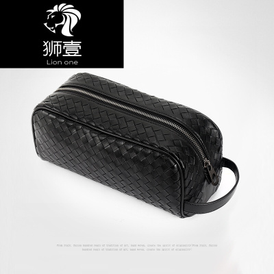 狮壹（Lionone）手拿包男羊皮编织2019新款潮夹包手包男枕头包化妆包洗漱包黑色默认颜色