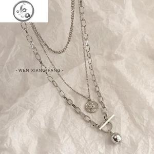 网红硬币双层小众项链女锁骨链吊坠多层毛衣链长款百搭简约钱币潮 JiMi 银色