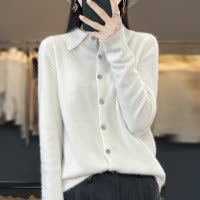 春秋POLO领针织衬衫外搭宽松长袖毛衣安迪绒开衫女士气质翻领外套