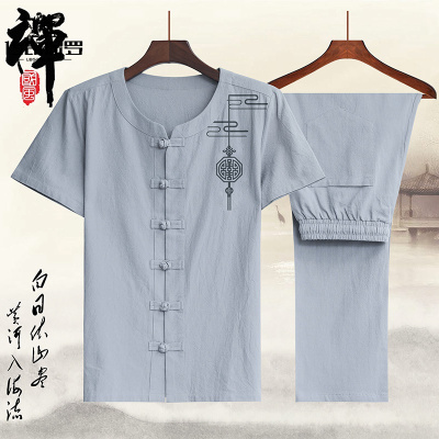 传奇保罗（CHUANQIBAOLUO）中国风男装短袖套装中式复古印花t恤两件套大码棉麻休闲衣服圆领
