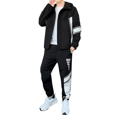 LEEVIRHINO春秋新款男士休闲运动套装连帽套头大码男装中青年男士夹克外套长袖衣服束脚休闲裤男士长裤李维犀牛