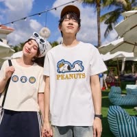 [2.5折价63元]唐狮夏季新款短袖T恤史努比短款白色t恤上衣女情侣装半袖男G