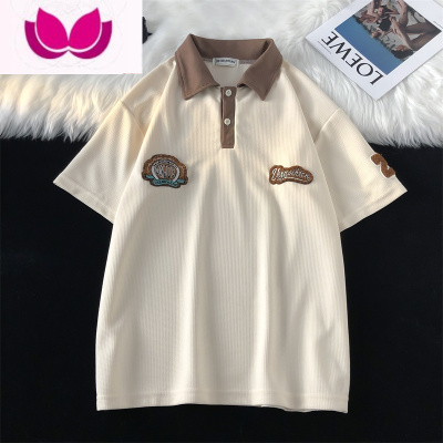 七斓美式复古华夫格刺绣翻领短袖t恤男生宽松潮牌情侣百搭休闲Polo衫