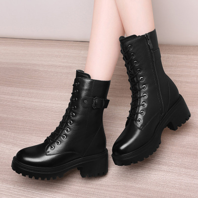 百年纪念厚底皮靴女靴2020秋冬新款系带粗跟加绒马丁靴女休闲皮鞋QL2300