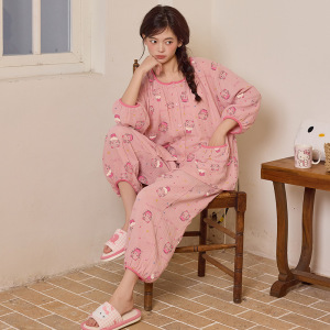 睡衣女士夏季薄款七分袖开衫云朵棉圆领田园风带胸垫家居服两件套