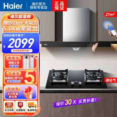 海尔(Haier)抽油烟机欧式爆炒21m³挥手智控自旋洗抽烟机5.0KW大火力液化气燃气灶具ET912+Q2BE5液