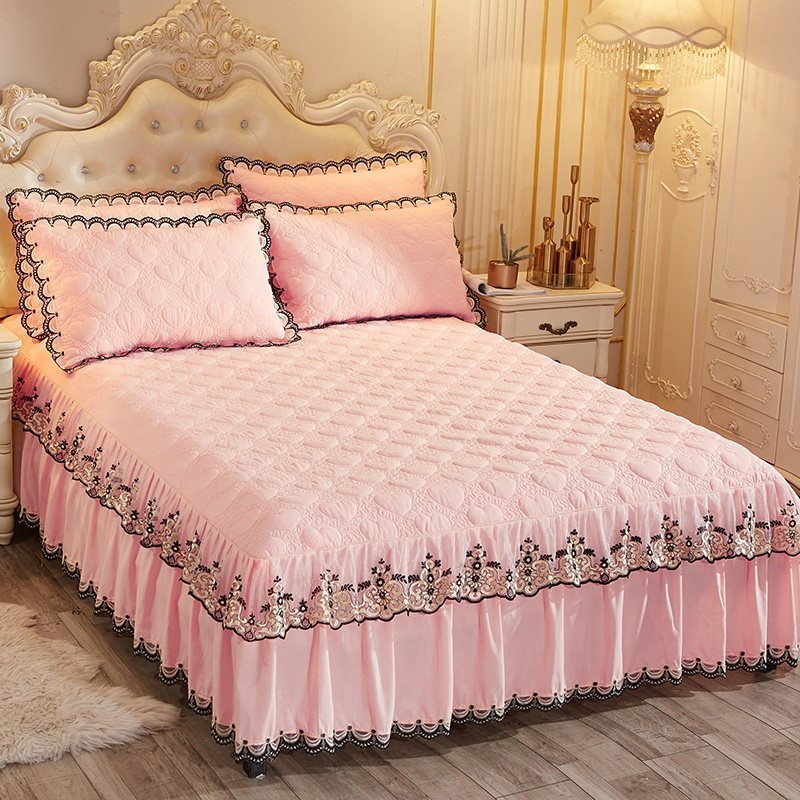 美帮汇床罩床裙式单件床套床群带蕾丝花边款公主风少女夹棉加厚床单围裙 玉色 180x200[床裙+2个枕套]