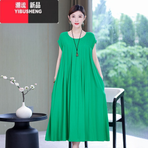 YIBUSHENG中老年女装新款棉绸连衣裙季大码宽松腰洋气妈妈装人造棉睡裙子