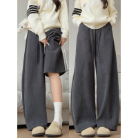 灰色灯芯绒裤子女秋冬新款加绒加厚小个子休闲宽松阔腿裤