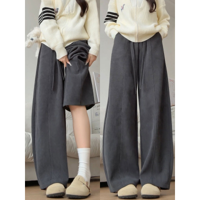 灰色灯芯绒裤子女秋冬新款加绒加厚小个子休闲宽松阔腿裤_333_183