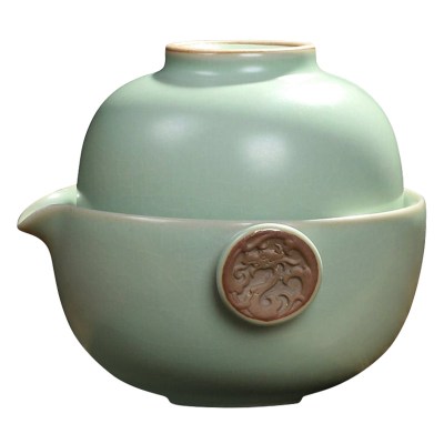 常生源旅行功夫茶具仿宋汝窑祥龙快客杯一壶一杯套装汝窑开片便携茶杯