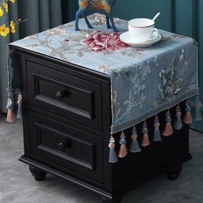 欧式床头柜盖布布艺套罩长方形雪尼尔酒柜鞋柜绣花小桌布家用 雪莉尔蓝色(吊穗款)床头柜盖布 45*100(含吊穗尺寸在内)