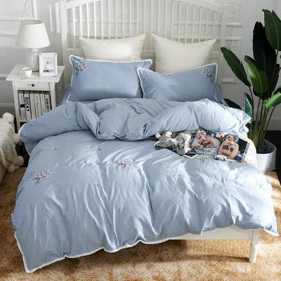 淑女气质蓝色刺绣花边公主风全棉四件套床上用品纯棉被套床单