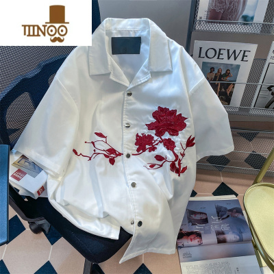 YANXU设计感痞帅玫瑰刺绣短袖衬衫男女夏小众复古ins港风上衣外套