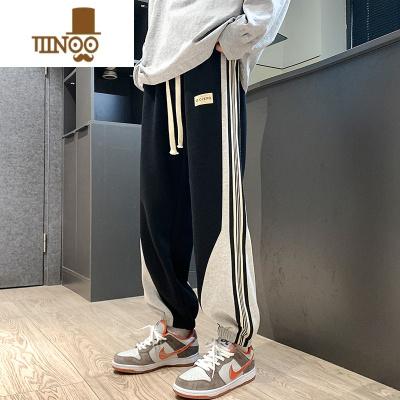 YANXU青少年运动卫裤男夏季薄款宽松束脚休闲高街vibe学生条纹拼接裤子