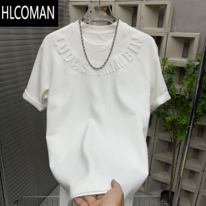 HLCOMAN纯色钢印字母男士t恤打底衫夏季新品百搭款短袖圆领上衣韩版潮T恤