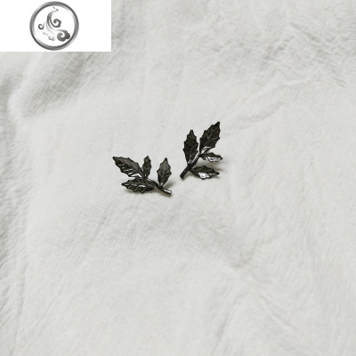 黑色叶子925纯银镀黑金耳钉女男日韩个性简约时尚气质冷淡风耳饰 JiMi 一对价纯银镀黑金