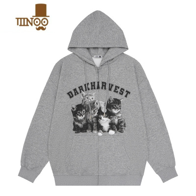 YANXUDHSS国潮美式新款猫咪开衫卫衣男女宽松休闲情侣连帽外套