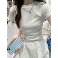 含棉辣妹短款T恤女新款短袖设计感圆领修身褶皱收腰百搭上衣女潮