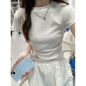 含棉辣妹短款T恤女新款短袖设计感圆领修身褶皱收腰百搭上衣女潮