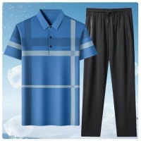 2025新款夏季套装男士短袖T恤裤子男式polo衫二件套中年装两件套