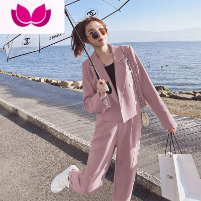 七斓粉色西装套装女2023新款chic小个子休闲阔腿高级感西服套