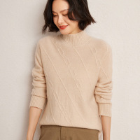 秋冬新款锁链花纹半高领羊绒针织衫女宽松时尚开叉打底衫休闲毛衣