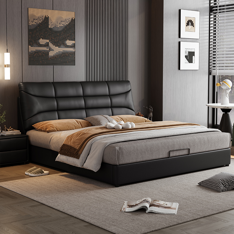 意式真皮床轻奢现代简约双人床主卧室实木储物床家用软包泡芙婚床