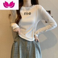 七斓韩版简约字母印花长袖T恤女春季明线设计感复古百搭弧形修身上衣