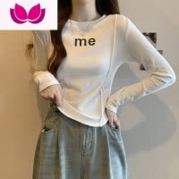 七斓韩版简约字母印花长袖T恤女春季明线设计感复古百搭弧形修身上衣