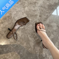 SUNTEK羊皮版~法式细带方头夹趾半拖气质小猫跟凉鞋女夏季高跟凉鞋