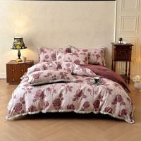 A类纯棉磨毛法式复古花边款四件套印花被套被罩床单3件套