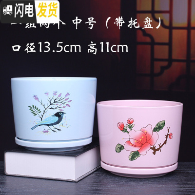 三维工匠花盆 陶瓷 大号带托盘创意个性绿萝阳台室内兰花家用多肉花盆 5510粉月两个中号 大花盆容器