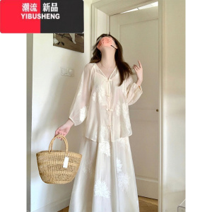 YIBUSHENG新中式女装季大码胖mm改良汉服国风套装禅意刺绣连衣裙两件套