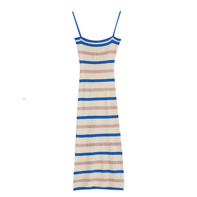 条纹针织吊带裙夏露锁骨坎肩连衣裙女辣妹收腰包臀裙中长款无袖裙