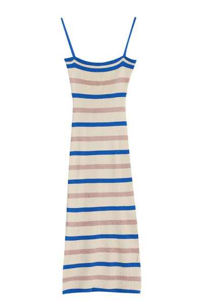 条纹针织吊带裙夏露锁骨坎肩连衣裙女辣妹收腰包臀裙中长款无袖裙