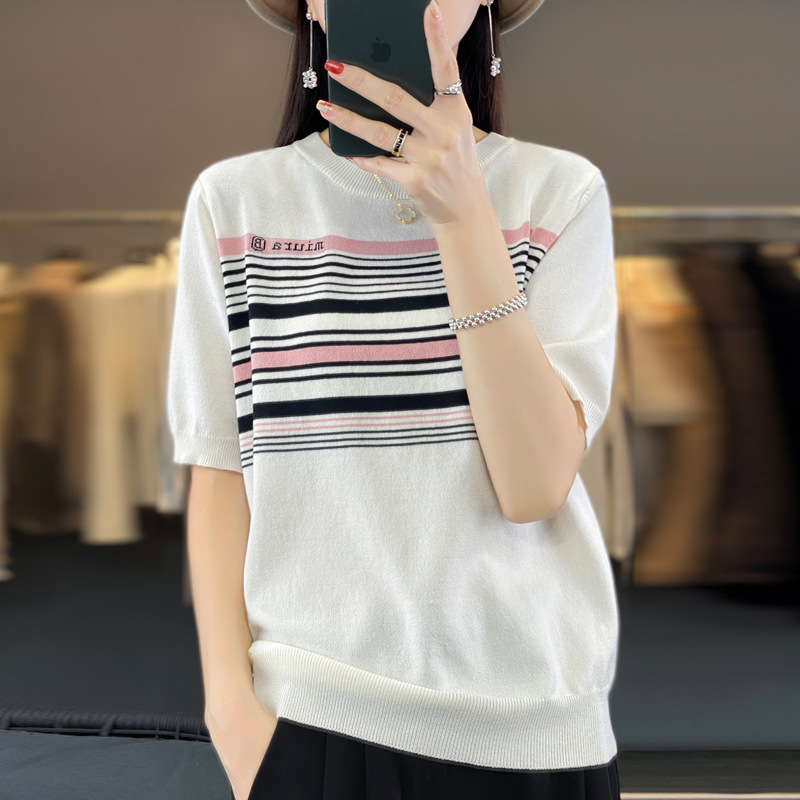 韩版夏季新款条纹绢丝针织衫女短袖设计感小众薄款半袖显瘦潮
