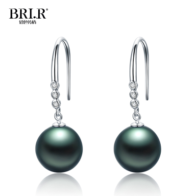 brir佰色传情正品10-11MM正圆强光海水珍珠耳饰18K钻石大溪地黑珍珠耳环黑色