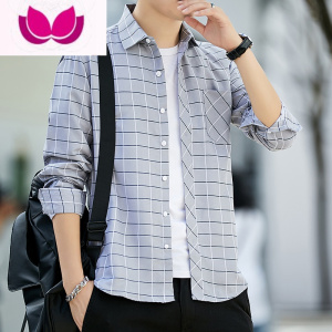 七斓男士休闲衬衣男夏天韩版宽松复古街头格子薄款蓝色长袖衬衫潮寸褂