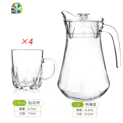 大量杯玻璃冷水瓶家用可高温防爆盛凉白开水鸭嘴壶扎杯倒果汁容器 FENGHOU 1竖条壶+6钻石杯凉水壶