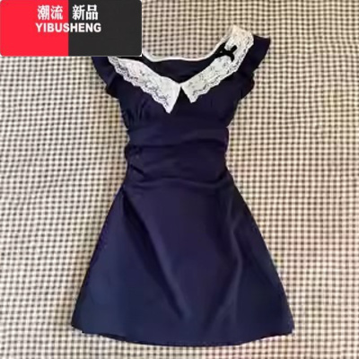 YIBUSHENG法式气质蕾丝小飞袖连衣裙子女装季2024新款小个子收腰包臀短裙