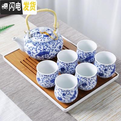 三维工匠景德镇陶瓷茶具套装提梁壶家用中式整套功夫现代简约茶壶茶杯茶盘 青花牡丹送茶盘茶巾滤网绳 8件