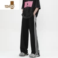 YANXU撞色拼接条纹运动长裤男夏季美式ins潮牌酒红色直筒速干休闲裤子