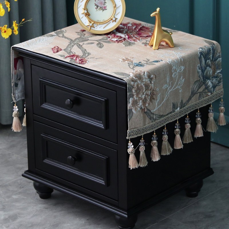 欧式床头柜盖布布艺套罩长方形雪尼尔酒柜鞋柜绣花小桌布家用 雪莉尔米色(吊穗款)床头柜盖布 45*100(含吊穗尺寸在内)