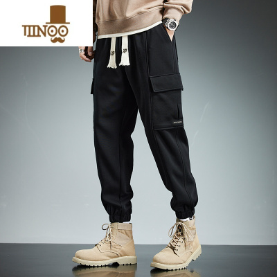 YANXU黑色束脚针织卫裤男2023年春季潮牌工装多口袋宽松运动休闲裤纯色