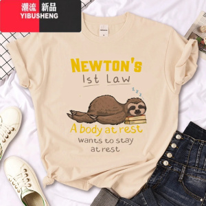 YIBUSHENGSloth T shirt 季女装时尚卡通树懒印花卡其色圆领短袖T恤女