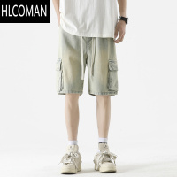 HLCOMAN黄泥色牛仔短裤男夏季2025新款美式高街工装五分裤松紧腰直筒中裤